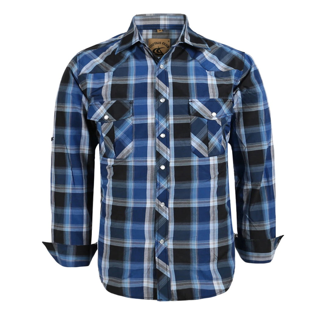 Men's Western Cowboy Long Sleeve Pearl Snap Casual Plaid Work Shirts
