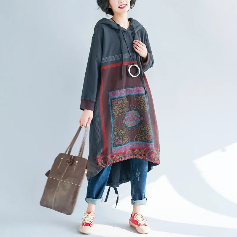 Plus Size Women's Winter Hoodie Sweatshirt Dress Drop-Shoulder Sleeves Oversized Print Pocket Trendy Hooded Pullover
