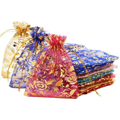 100pcs/lot 7x9 9x12 11x16 13x18cm Printing Roses Love Christmas Organza Bags Drawstring Gift Bag Charm Jewelry Packaging Bags
