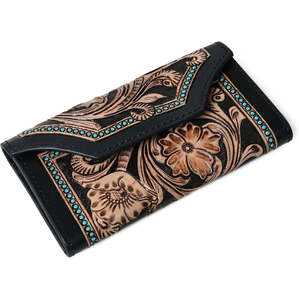 Rustic Vintage Cowhide Leather Trifold Wallet Hand Tooled RFID Card Holder for Men & Women