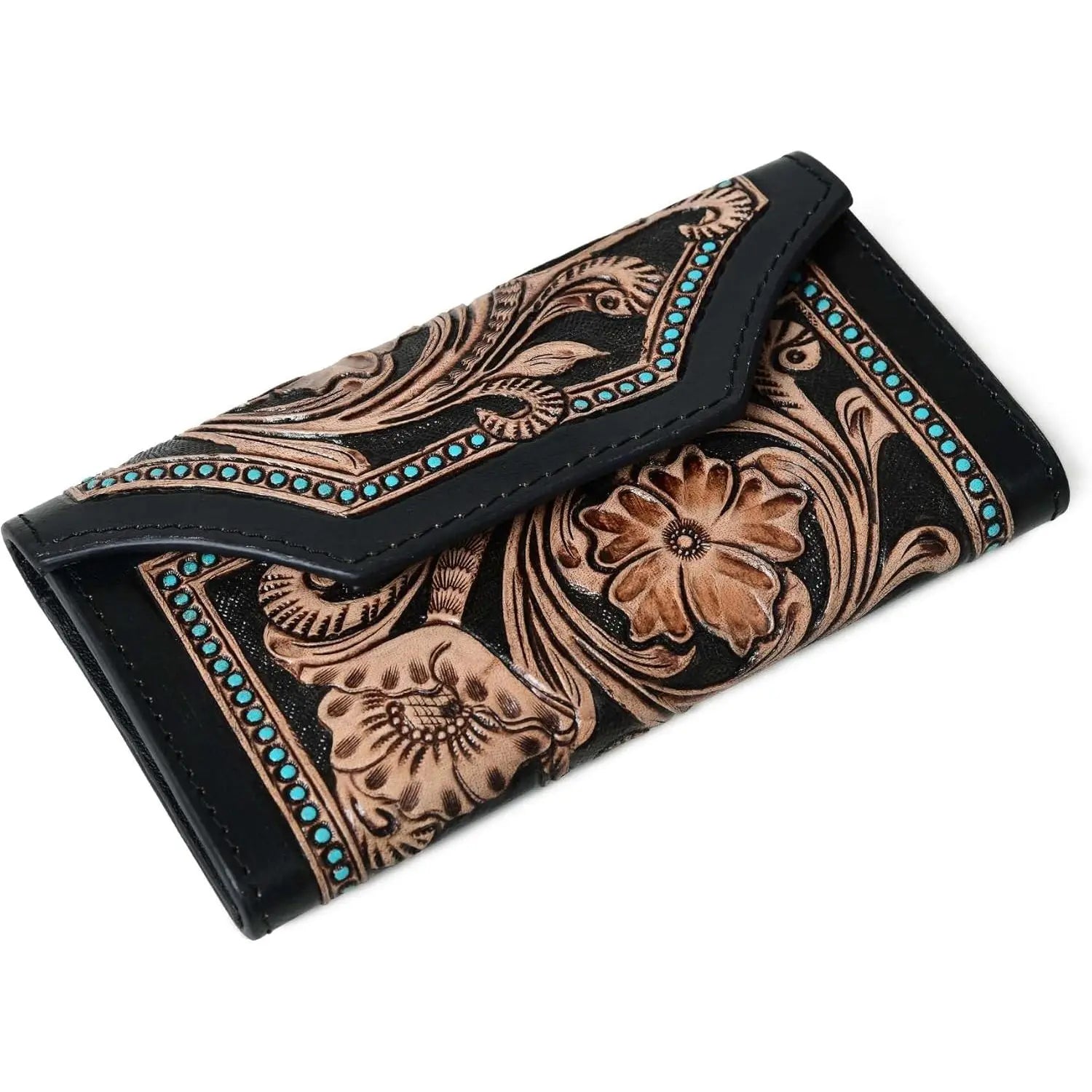 Rustic Vintage Cowhide Leather Trifold Wallet Hand Tooled RFID Card Holder for Men & Women
