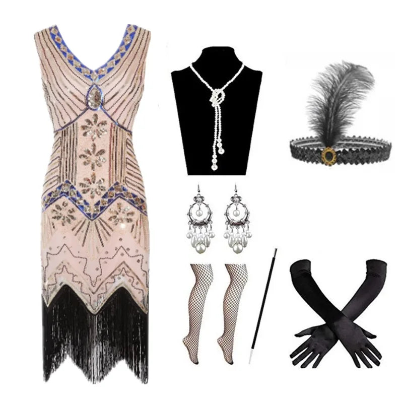 Halloween Cosplay Dress for Women 1920s Vintage Flapper Long Fringe Beaded Gatsby Party Dress With 20s Accessories Set