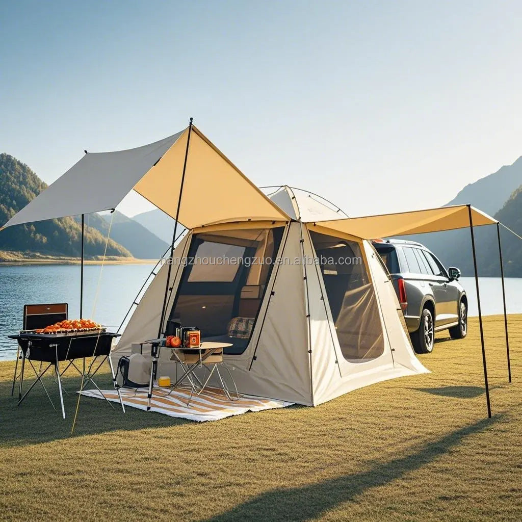 6-Person Size Car Rear Tent with Four Large Window Car Tailgate Tent Back SUV Tent with Large Awning, 6 Person Trunk Tent