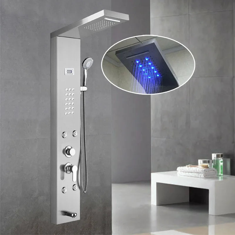 Luxury Hot Sale  Brushed Color Thermostatic Led Rain Shower Head Bathroom Stainless Steel Wall Mounted Waterfall Shower Panels