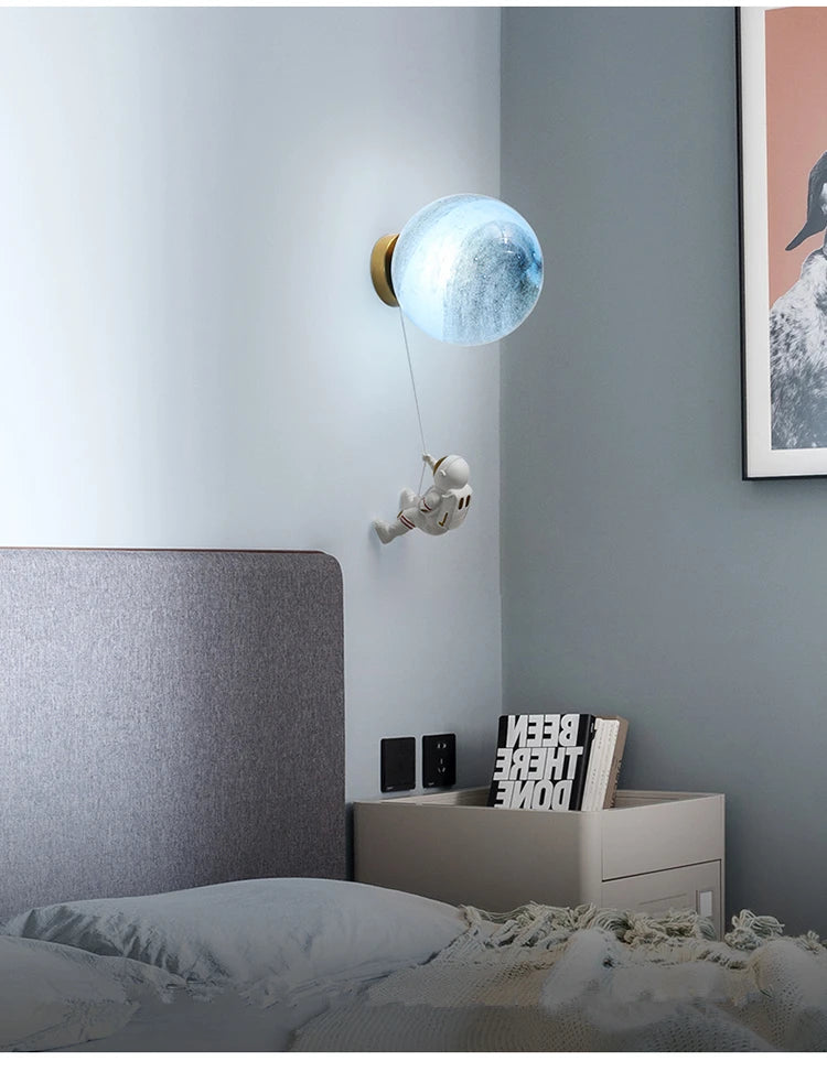Lunar Wall Lamp Nordic Creative Astronaut Children's Room Lamp Bedroom Bedside Lamp Cartoon Boy Girl Background Wall Lamp
