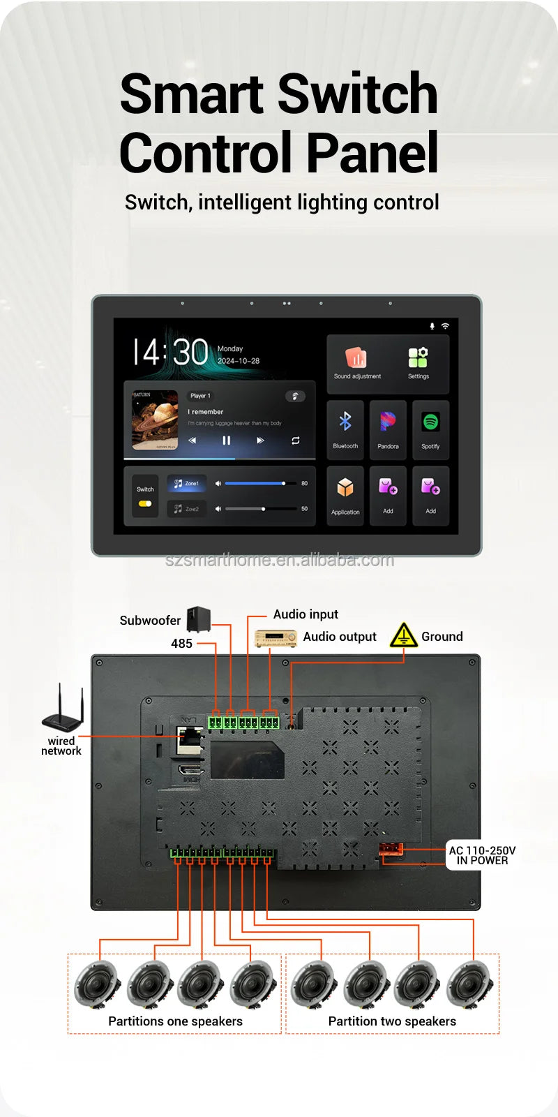 8-Inch Smart Home Background Music Host Amplifier 8-Channel for Bluetooth 2 Zone Home Automation Theatre System Home Amplifier