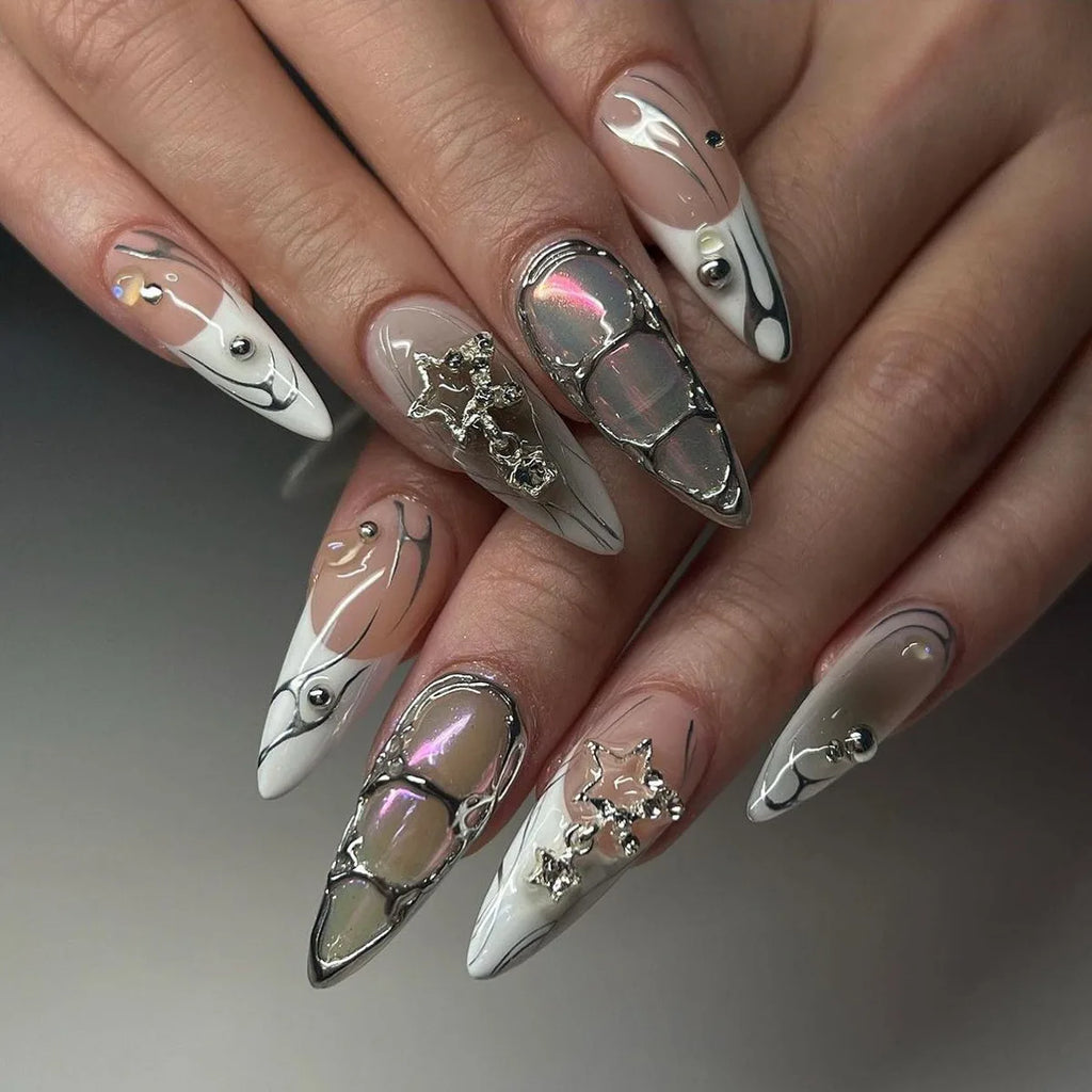 Dropshipping 24 Pcs Edgy French Manicure with Flame Ombre Almond Shape Press on Nails Artificial Fingernails Customize 3334
