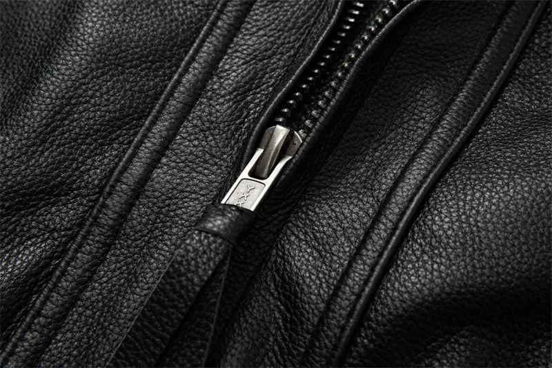 New Motorcycle Causal Vintage Leather Coat Men Autumn Outfit Fashion Biker Pocket Design Top Layer Cow Leather Jacket
