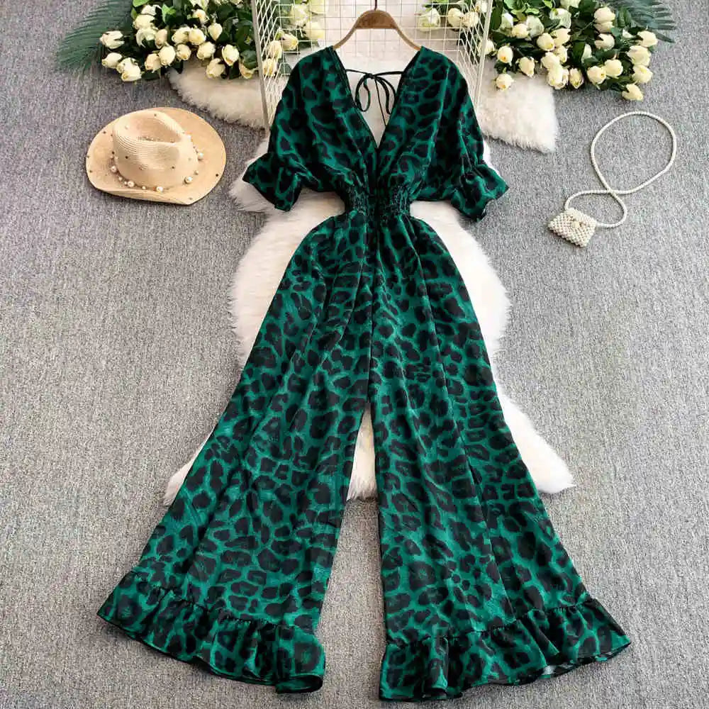 Women Sexy V Neck Short Sleeved Waist Fashion Female Ruffle Wide Leg Jumpsuit