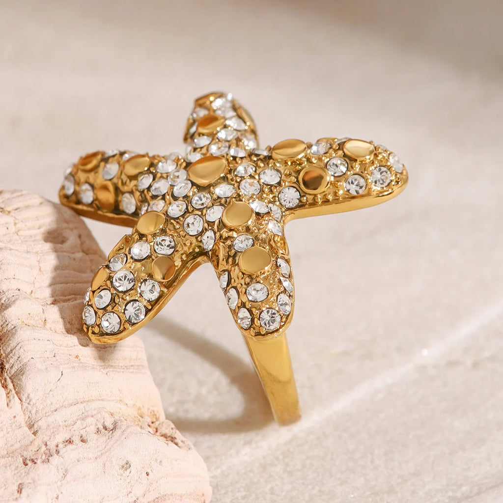 New Luxury Summer Design Waterproof Ring Stainless Steel 18K Gold Starfish Rings