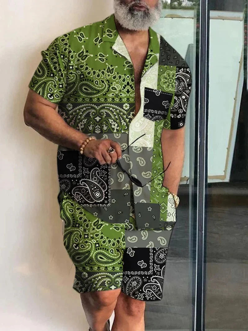 New Men Sets Print Patchwork Lapel Short Sleeve Casual Shirt Beach Shorts Summer Men Streetwear Vacation Hawaiian Suits