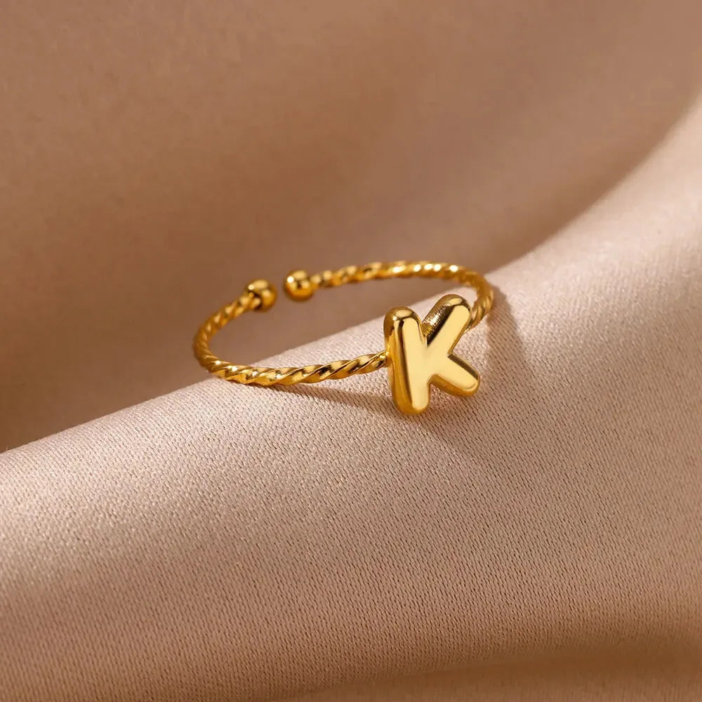 Waterproof 18K Gold Plated Stainless Steel Jewelry Open Adjustable Ring A-Z 26 English Letters Finger Rings for Women Ring