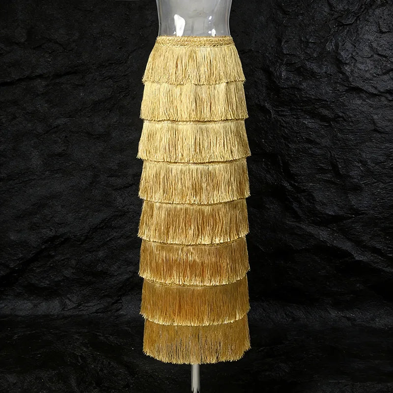 Solid Loose Spliced Tassels Minimalist Skirts for Women High Waist Patchwork Ruffles Fashion Skirt Female Clothing