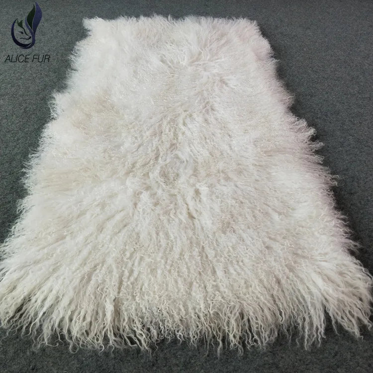 Natural Raw Mongolian Sheep Fur Blanket Garment with Long Curly Hair