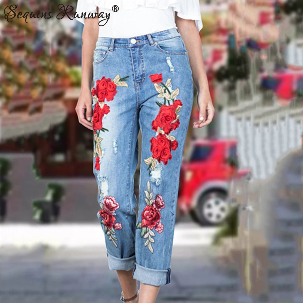 Sexy Embroidery Fashion Streetwear Women Mom Jeans Woman Jean Stacked Pants Boyfriend Baggy Jeans Vintage Clothes Denim Trousers