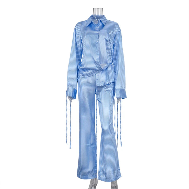 2024 New Fashionable Satin Blue Striped Long Sleeve Belted Shirt Wide Leg Long Pants 2 Piece Outfit Set Woman Pants and Shirt