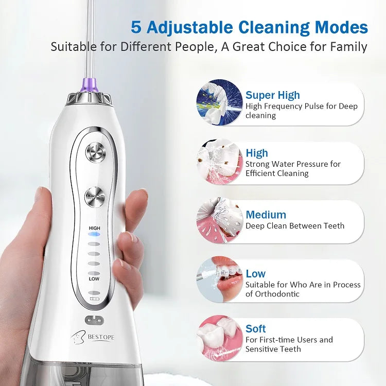 Bestope Electric 5 Modes Waterproof IPX7 USB Rechargeable for & Water Flosser with Detachable Tank for Household Use