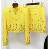European Style Lady Office Work Suit Fine Workmanship Beading Rhinestone Turtleneck Tops Pencil Mini Skirt Women 2Pcs