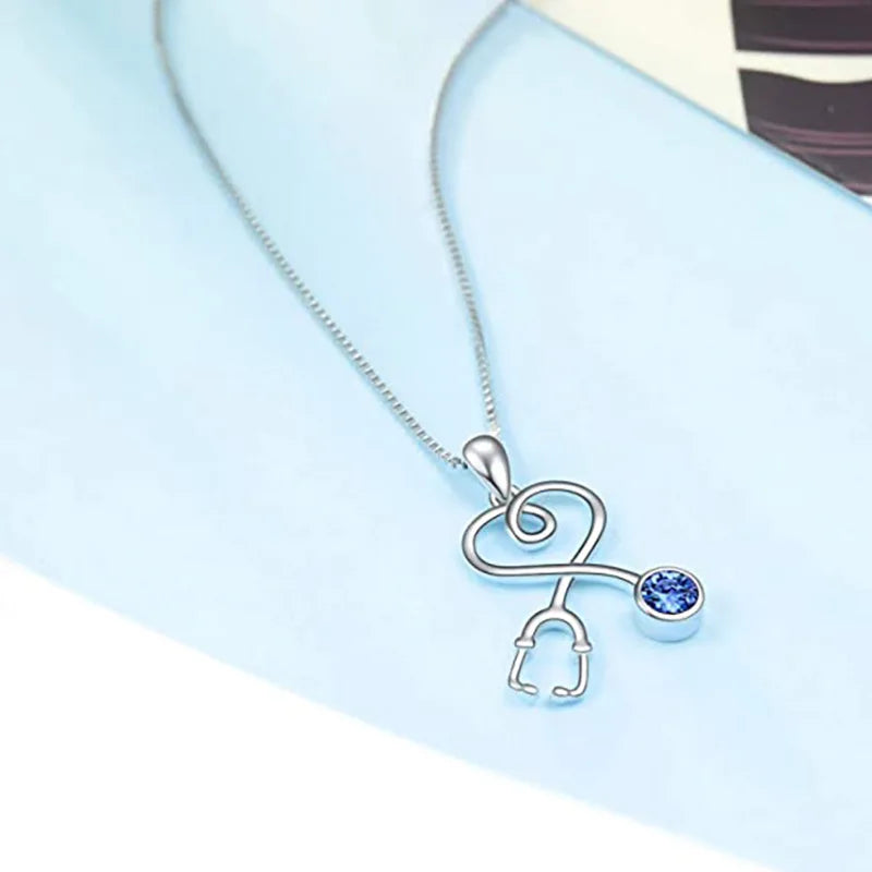 White Gold Classic Bezel Set Stethoscope Heart Pendant Blue Crystal Rhinestone Medical Professionals Unisex Jewelry Everyday