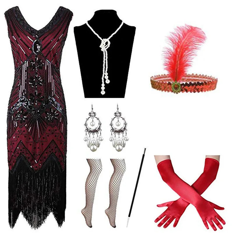 Halloween Cosplay Dress for Women 1920s Vintage Flapper Long Fringe Beaded Gatsby Party Dress With 20s Accessories Set