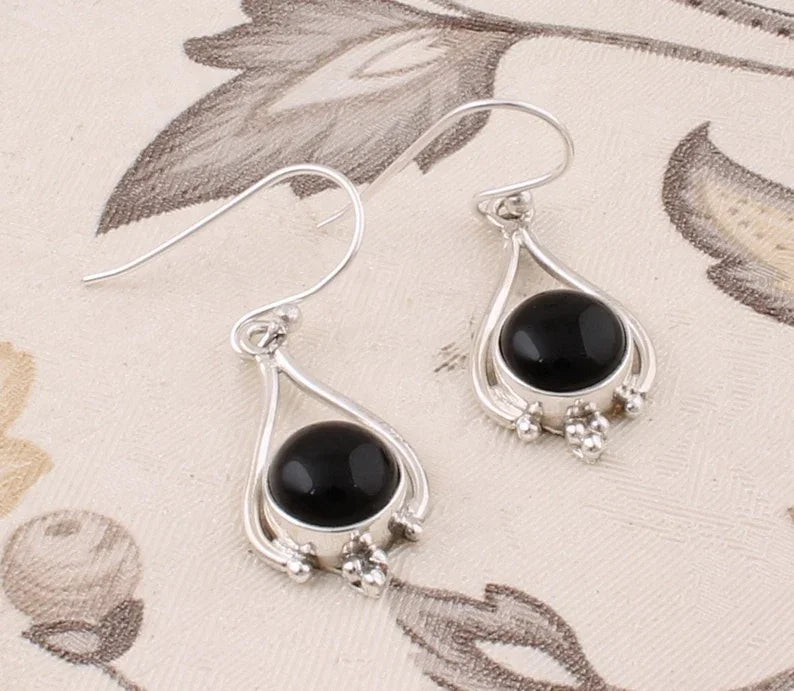 925 Sterling Silver Solid Natural Black Onyx Gemstone Vintage Drop Earrings-Wedding & Party Occasions