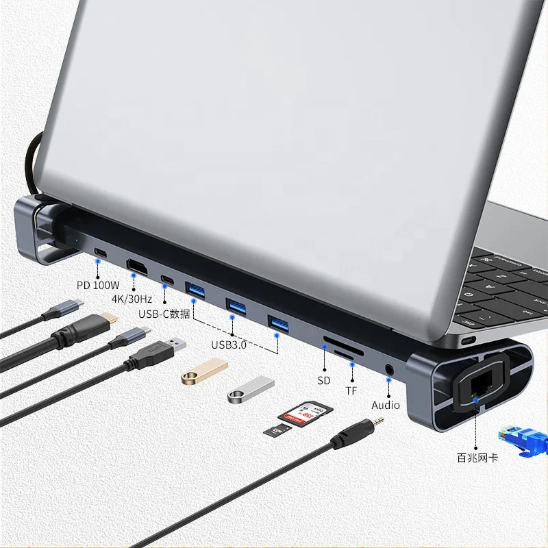 10 in 1 New Stock Arrival 4K30hz Type C Hub 10 in 1 4K Docking Station for Macbook Laptops