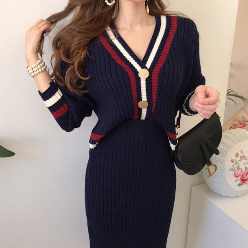 Wholesale 2026 Autumn New Temperament V-neck Bordered Contrast Color Knitted Cardigan Sweater and High Waist Mid-length Sets