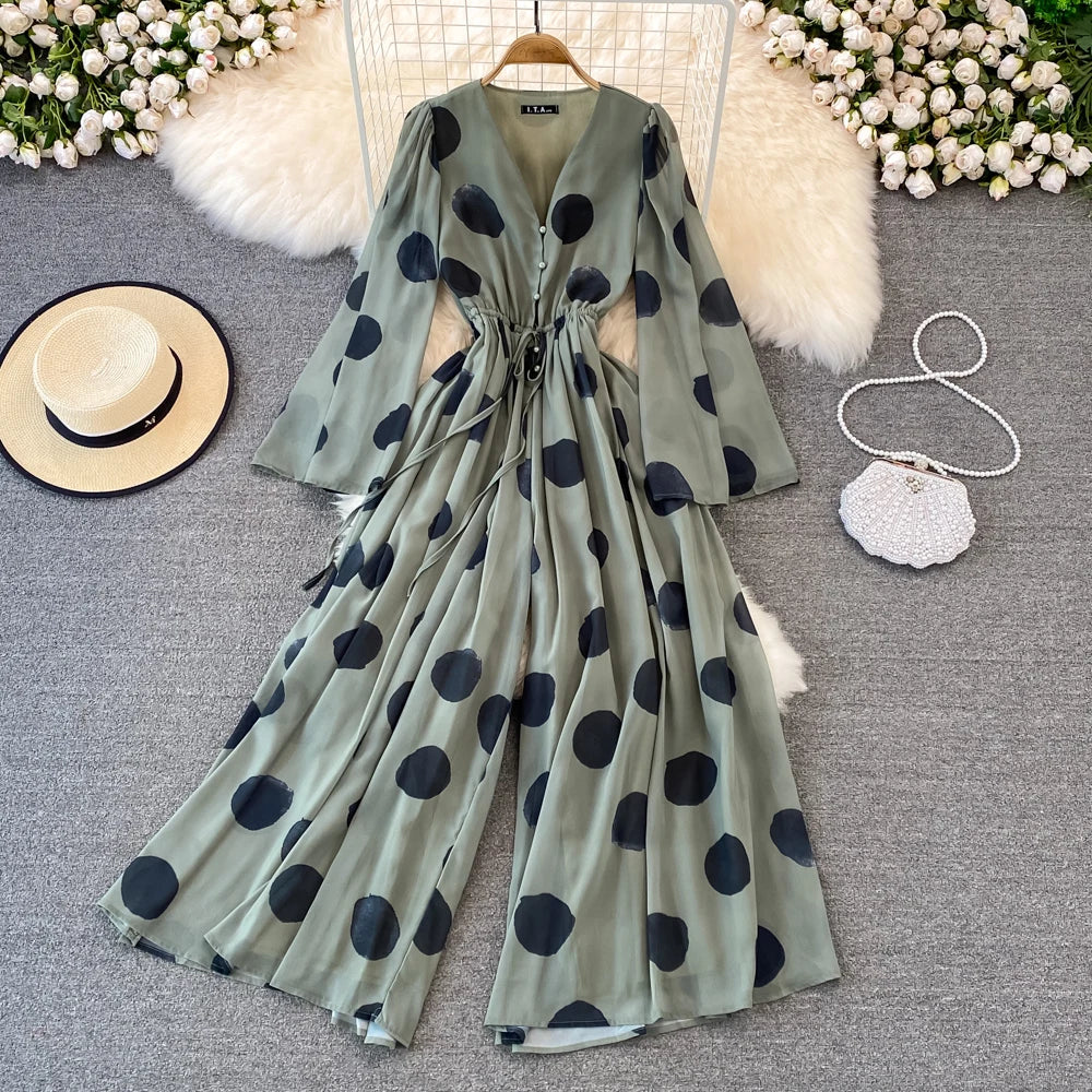 Flared Sleeve Polka Dot Print V-Neck Jumpsuit Wide Leg Jumpsuit