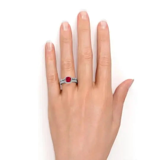 14K Gold 925 Sterling Silver Lab Created Ruby Cushion Cut Classic Engagement Wedding Ring Diamond Halo Gemstone 1.50 Carat