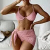 Bandage Halter Bikini Micro Ribbed Bikini 3 Pieces Set 2023 High Waist Swimsuit With Beach 3 Pieces Mesh Skirt