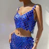 Sparkle Big Sequins 2 Pcs Outfits Blue Low Cut Backless Sleeveless Crop Top Party Club Hollow Chain Skirt Sexy Matching Set 0816