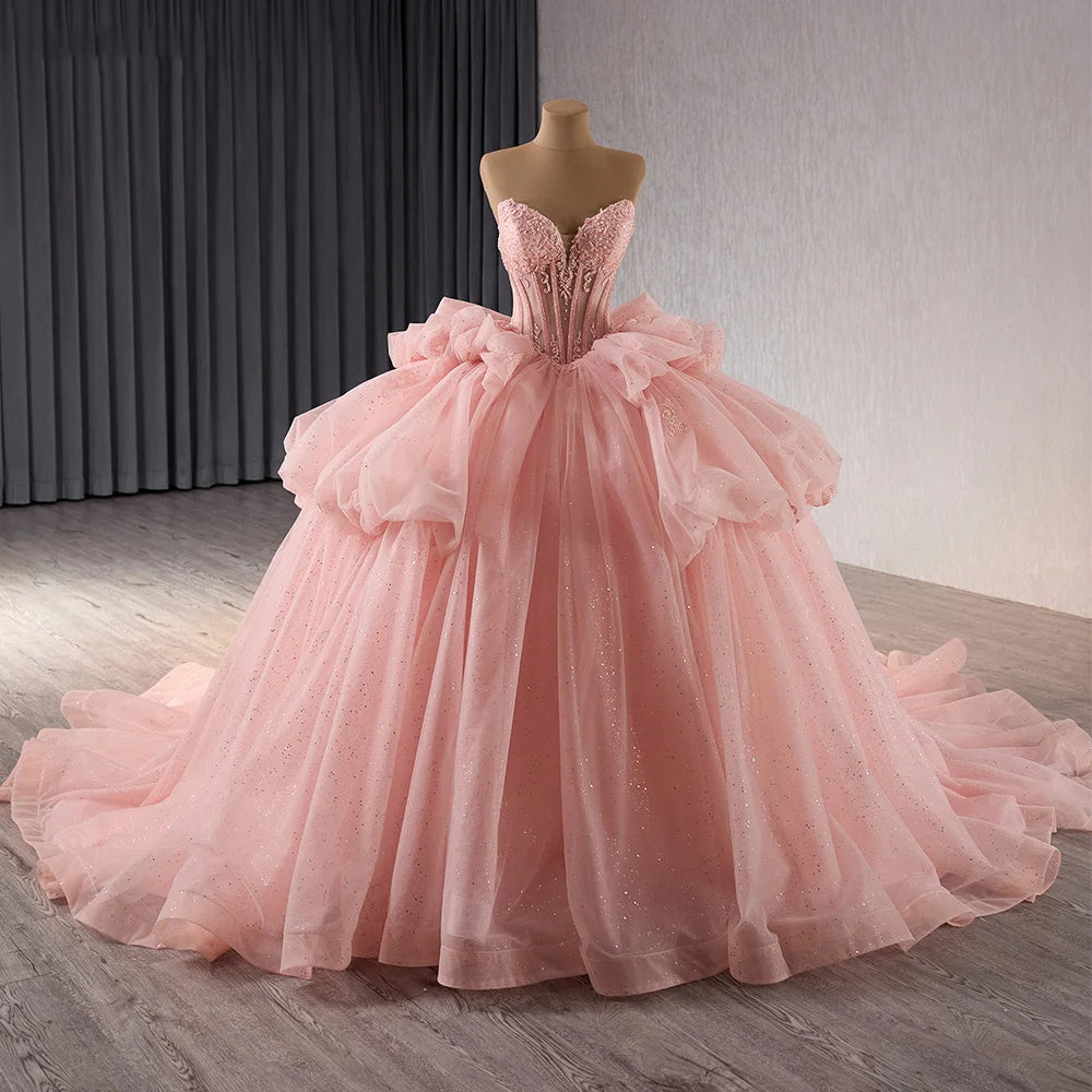 Glitter Pearls Pink Quinceanera Dresses Puff Sleeves Ball Gowns Sweet 15 16 Birthday Dress Rsm241101