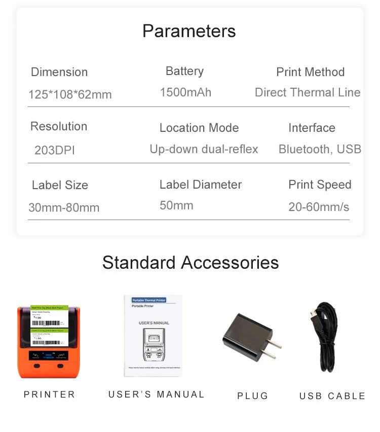 DETONGER DP30S 28-80mm Mini Portable Thermal Printer Multifunctional Barcode Label Sticker Maker BT Android / iOS