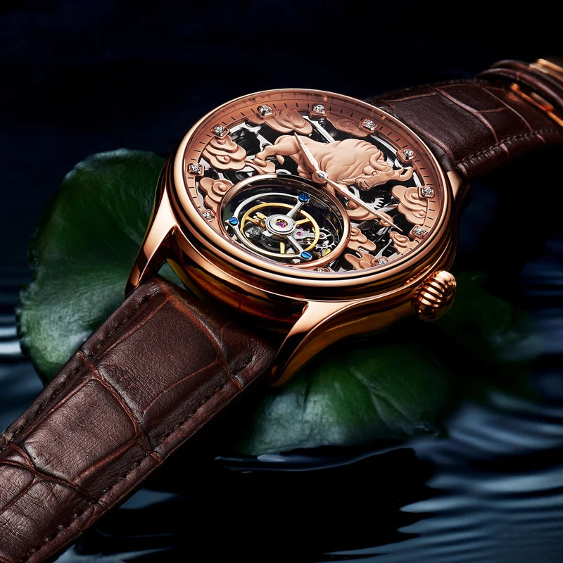 China Tourbillon Watch Factory Rose Luxury 3D Zodiac Relief Pattern  Stainless Steel Waterproof Zodiac Men's Mechanical Watches
