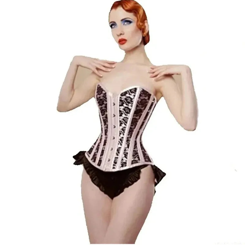 Pink Corset Top Lingerie Women Sexy Lace Floral Boned Overbust Bustier Waist Cincher Body Shaper Burlesque Corselet Sexy Costume