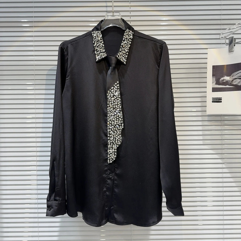 Boutique Wholesale 2025 Summer New Fashionable Temperament Rhinestone Nail Bead Elegant Long Sleeved Women's Shirt