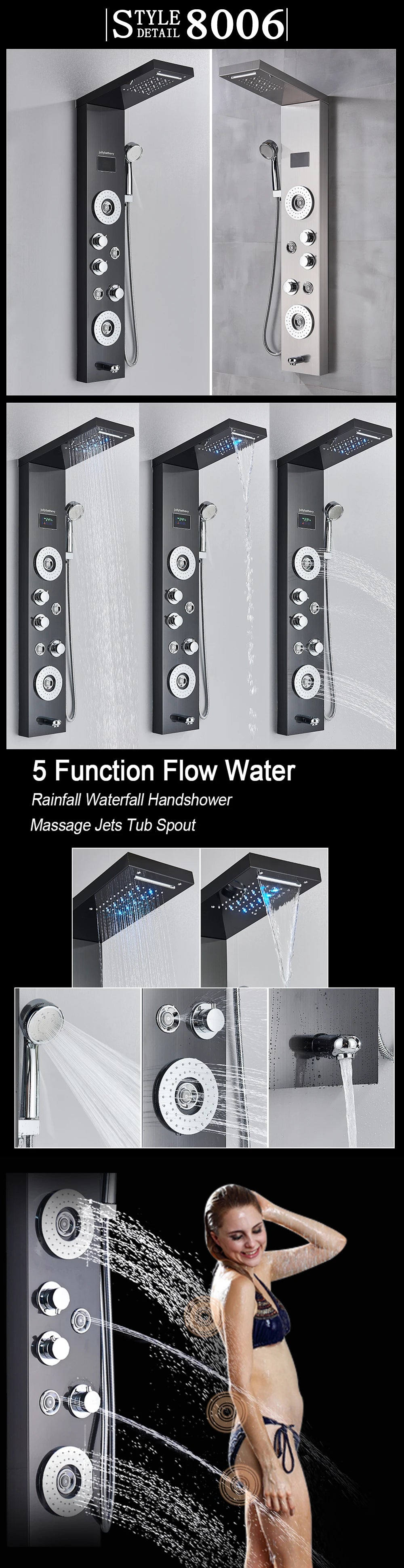 LED Shower Panel Waterfall Rain Digital Display Shower Faucet Set SPA Massage Jet Bathroom Column Mixer Tap Tower System