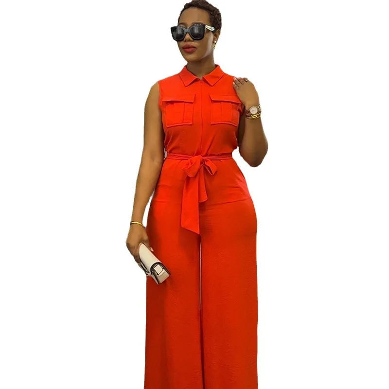 New Fashion Solid Lapel Neck Pocket Design Loose Wide Leg Sleeveless Cargo Jumpsuit Women
