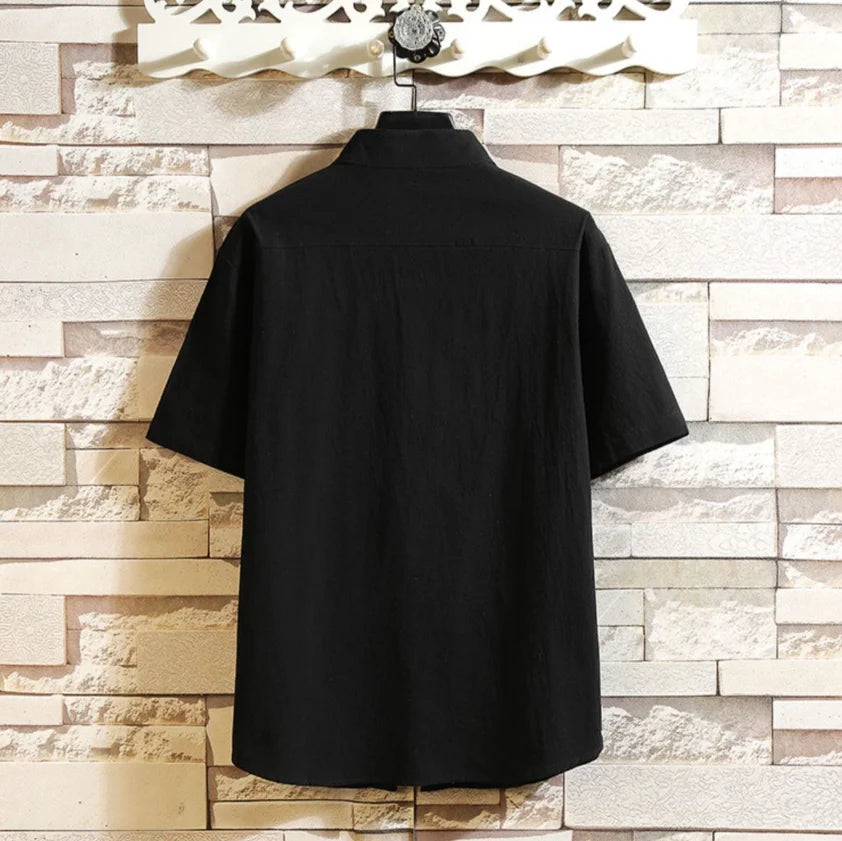 10%OFF M-5XL Summer Chinese Monsoon Cotton and Linen Casual Loose Stand Collar Short-sleeved Shirt Buckle Retro Printed Shirt