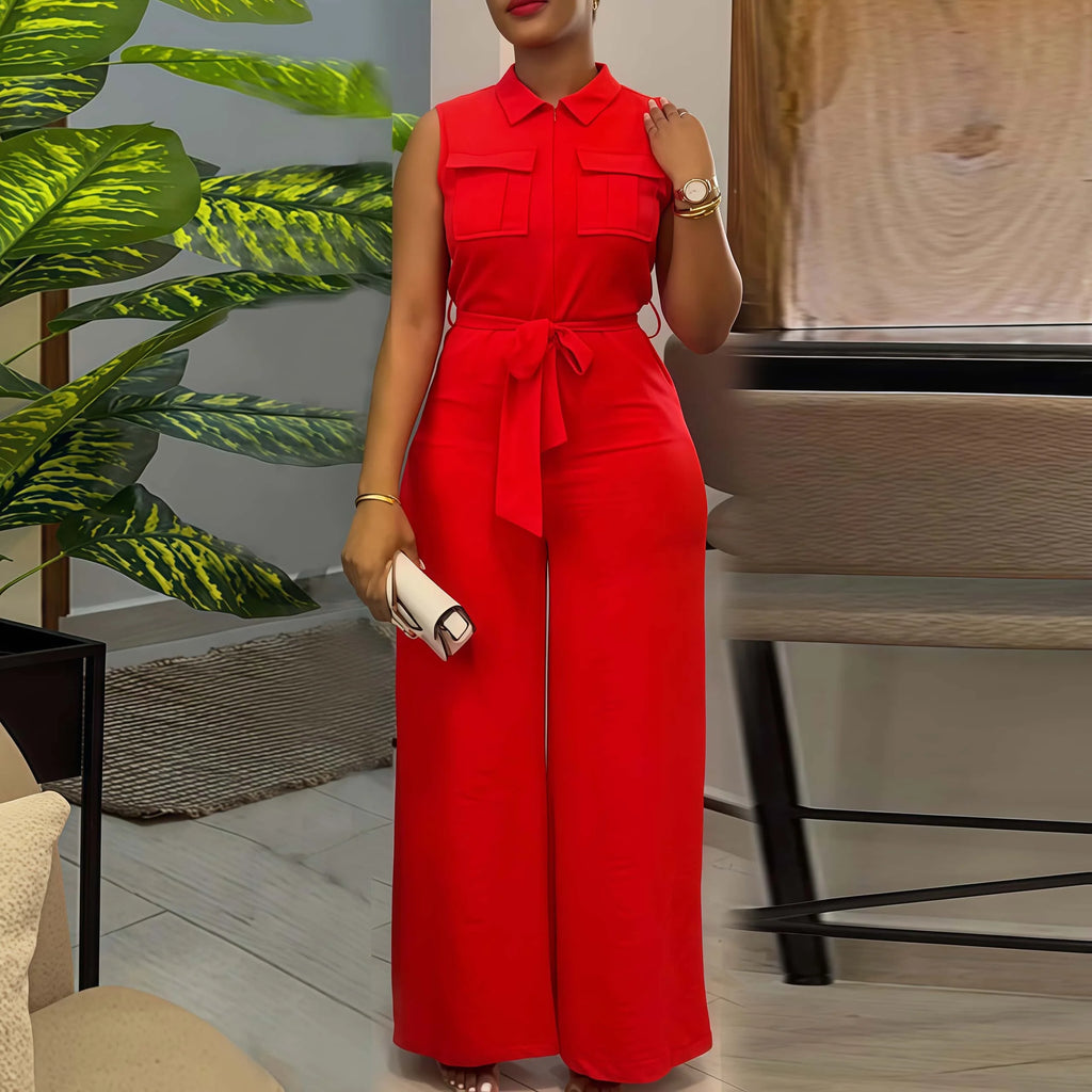 HK7041Fashion Women Jumpsuit Lady Elegant Solid Color Lapel Collar Pocket Sleeveless Lace up Waist Wide Leg Jumpsuit for Women