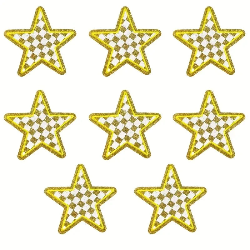 8 Pcs Glitter Star Iron on Patch Set Checkered Sequin Applique Embroidery DIY Badge for Clothes Backpack Hat Jacket Decor