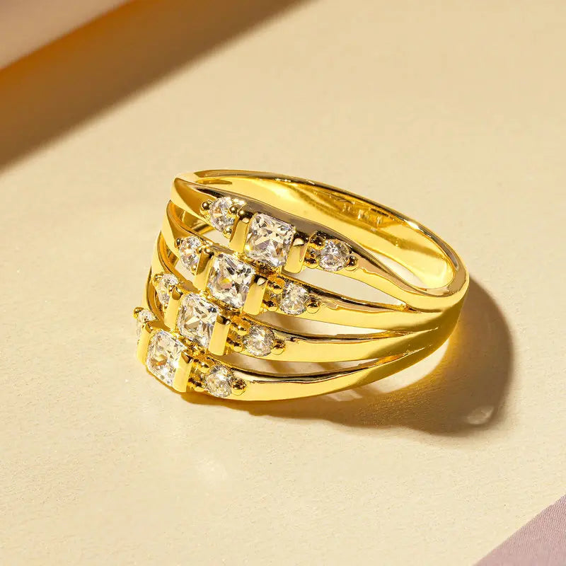 Wholesale New Trendy Ring 14K Gold Filled Zircon Rings Fashion Jewelry Four Rows Laminated Unisex Engagement Gift Party Wedding