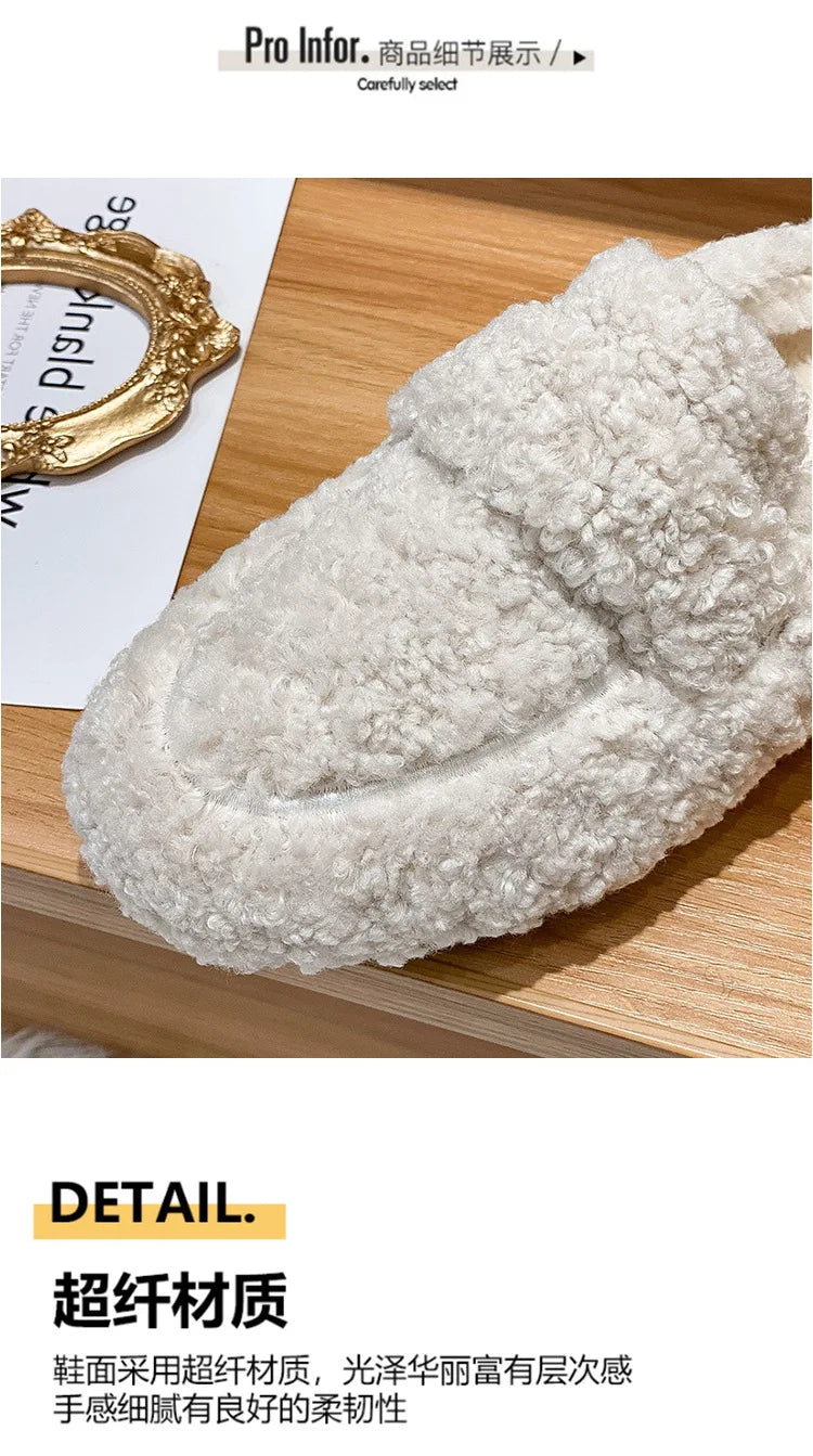 Winter Warm Plush Mules Women One Band Fur Slippers Cozy Cotton Shoes Woman Flats Cover Toe Fleeces Slides Femme Wool Pantuflas