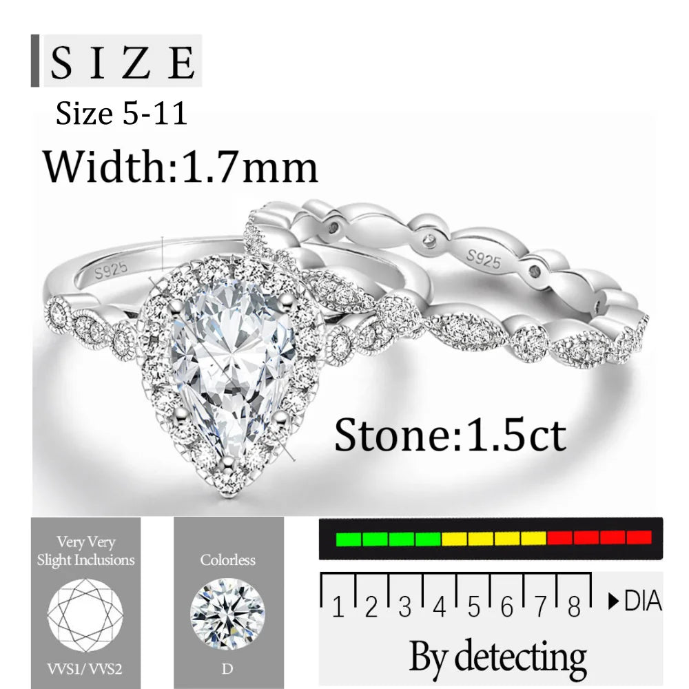 OAHLAN Luxury Fashion Jewelry 1.5 Ct Pear Cut D Color VVS1 Moissanite S925 Sterling Silver Rings for Women Wedding Engagement