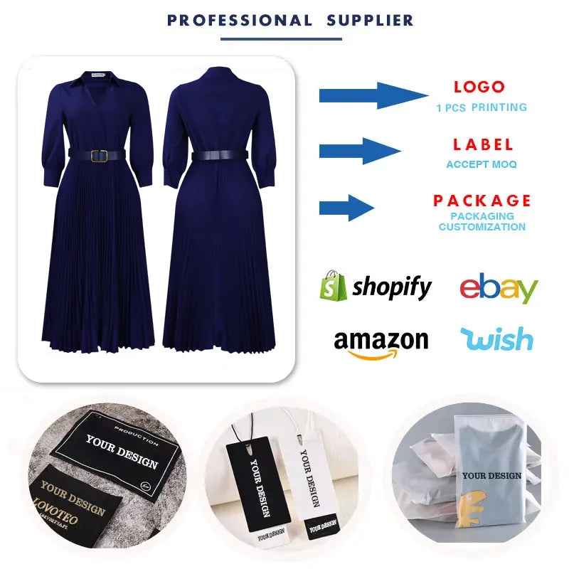 C8587 Trendy Casual Dresses Women Lady Elegant Solid Color Long Sleeve V-neck Pleated Ladies Office Dresses With Belt