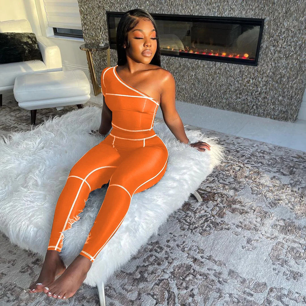 Custom Logo Private Label Sleeveless One Shoulder Jumpsuit Striped Bodycon Jumpsuit Pants