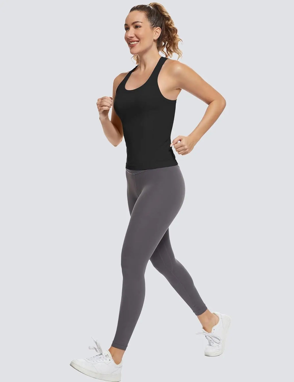 Women's Racerback Workout Tank Tops-Seamless Spandex/Polyester Breathable Knitted High Support Solid Running Muscle Tank