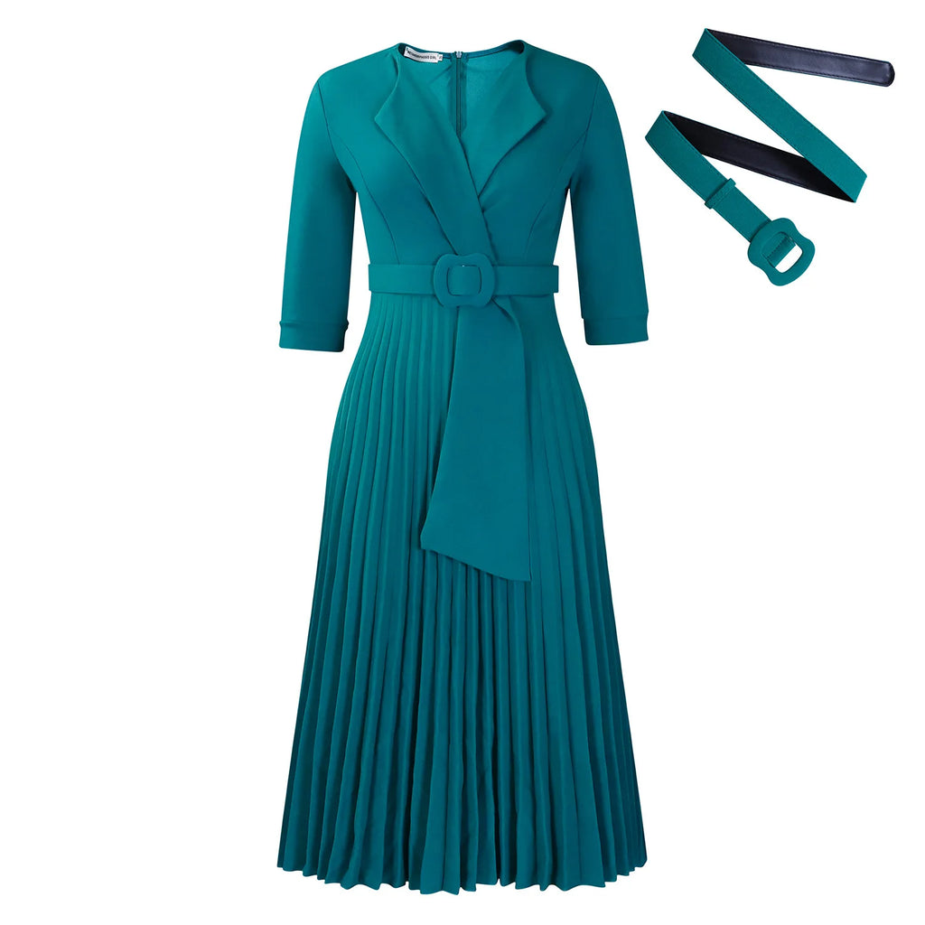 Trendy Autumn Office Lady Dresses Women Casual Elegant Suit Collar Half Sleeve Pleated African Career Dresses for Women