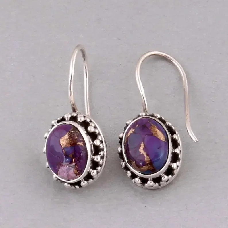 SHREE JAIPUR SILVER 925 Sterling Silver Purple Copper Turquoise Hoop Earrings Natural Stone Bezel Setting Minimalist Unisex