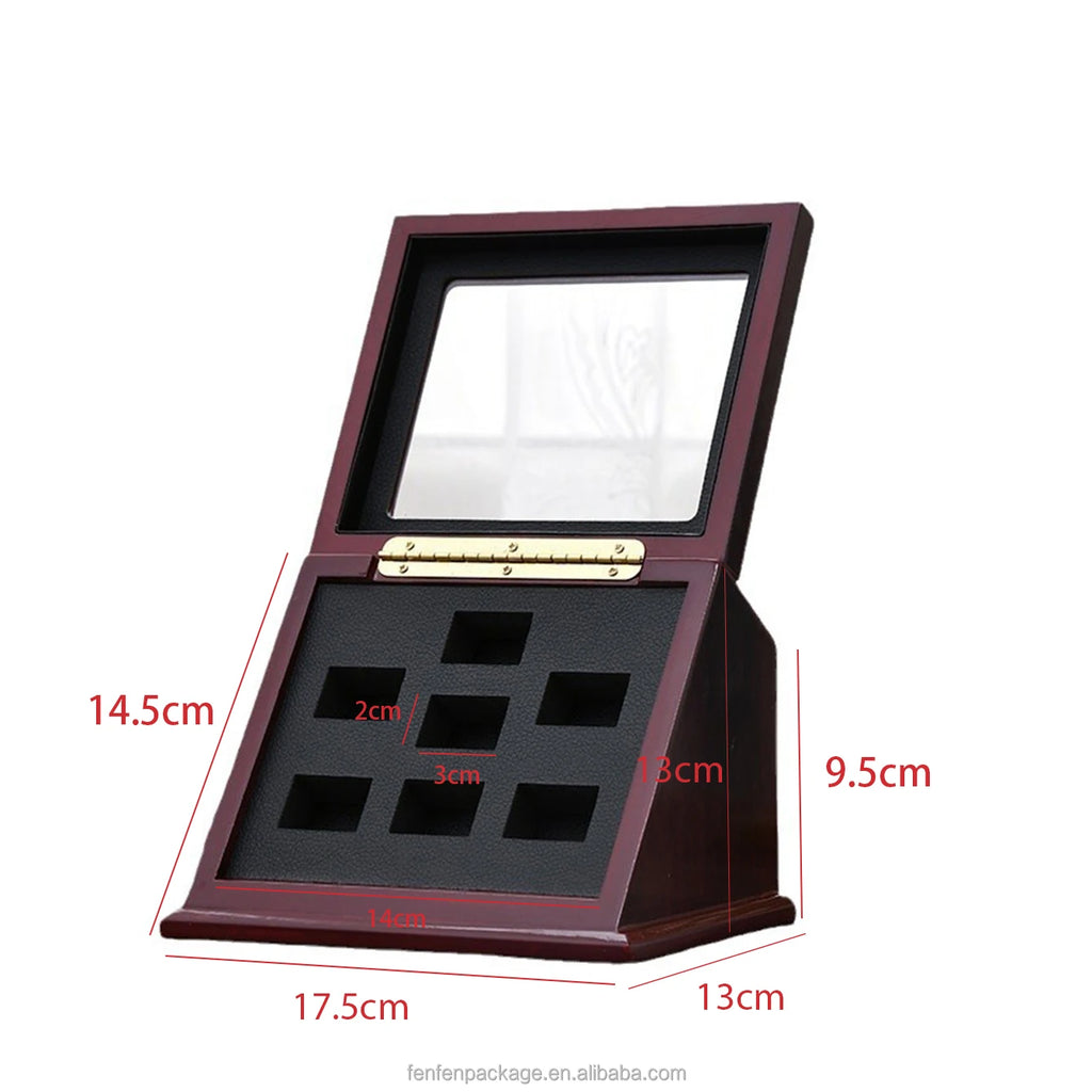Wooden Trapezoid Display Case for Championship Rings Angled Multi-Slot Organizer for Basketball, Football Game Souvenir Rings